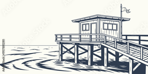 A small pier with a lifeguard station on a beach Vector