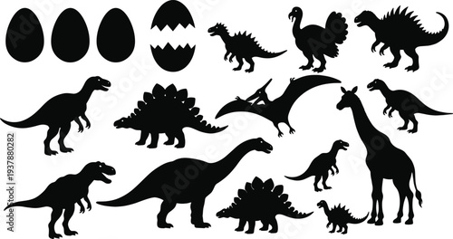 Silhouette collection of dinosaurs, prehistoric animals, cracked dinosaur eggs, giraffe and bird comparison, evolution concept, educational illustration for paleontology and wildlife anatomy learning