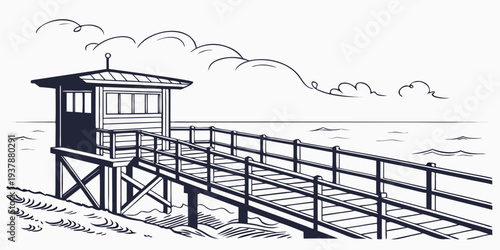 A lifeguard tower on a pier with a fence Vector