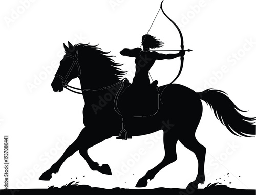 Silhouette of a powerful female warrior archer riding a galloping horse and aiming a bow and arrow during a fast action battle sequence.