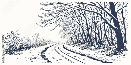 A snowy road with trees on a cold winter day Vector