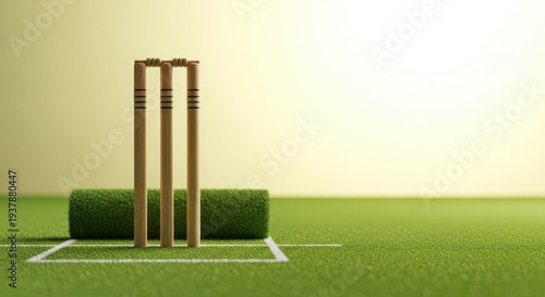 Wooden wickets and bails stand ready on a freshly rolled cricket pitch, capturing the essential setup for a competitive ball game, pitch, action, play