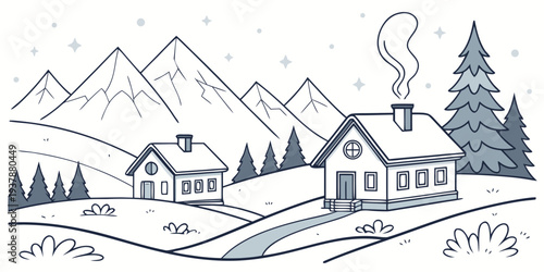 A house in the snow with mountains in the background Vector