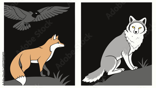 Vector illustration of Night Animals - Fox, Wolf, and Crow Illustration