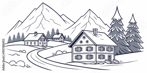 A snowy mountain village with a large house and trees Vector