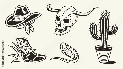 Vector illustration of Western Icon Collection - Cowboy Hat, Skull, Cactus, Boot, Snake