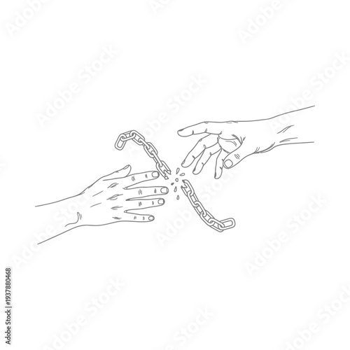Hands breaking a chain symbolizing freedom independence and overcoming obstacles in minimalist sketch style