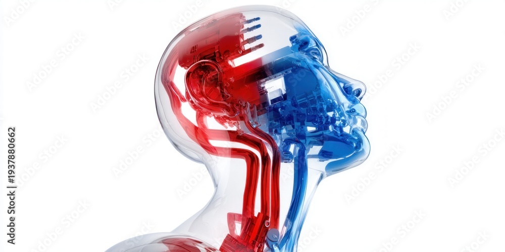 Obraz premium Transparent human head model showing red and blue circulatory system on white background
