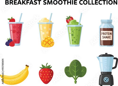 Illustration of a breakfast smoothie collection with four drinks and corresponding ingredients A blender is included