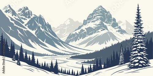 A serene winter landscape with snow covered mountains Vector