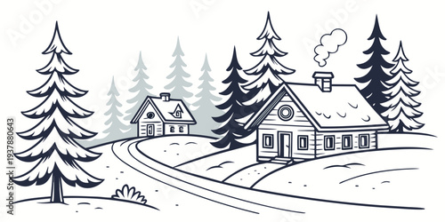 A house in the woods with snow on the ground and trees around it Vector