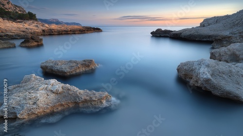 A tranquil shoreline featuring smooth rocks and calm waters under a pastel sunset sky