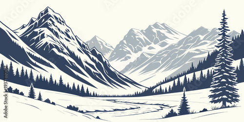 A serene winter landscape with snow covered mountains Vector