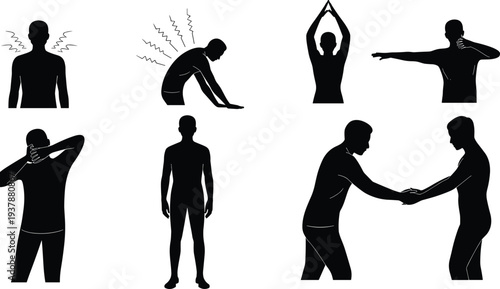 Human, Body, Pain, Stretching, Exercise, Physiotherapy, Rehabilitation, Silhouette, Medical, Health, Therapy, Injury, Muscle, Backache, Treatment, Posture, Stretch, Wellness, Illustration, Set