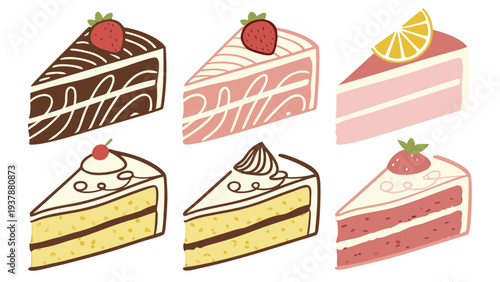 Vector illustration of Assortment of Delicious Sliced Cakes with Fruit and Cream Toppings