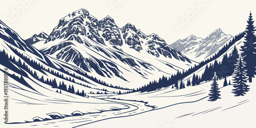 A serene winter landscape with snow covered mountains Vector
