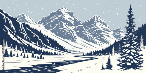 A serene snowy mountain landscape with a road and trees Vector