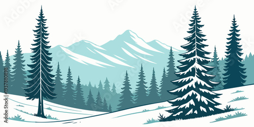 A serene winter landscape with snow covered trees and mountains Vector