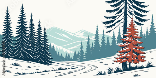 A snowy landscape with a single red tree in the foreground Vector