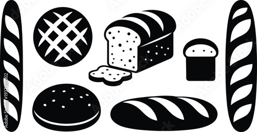 Vector silhouette collection of fresh bakery bread including French baguettes, sliced wheat loaf, sourdough boule, crusty rustic buns, and artisan rolls for bakery branding.