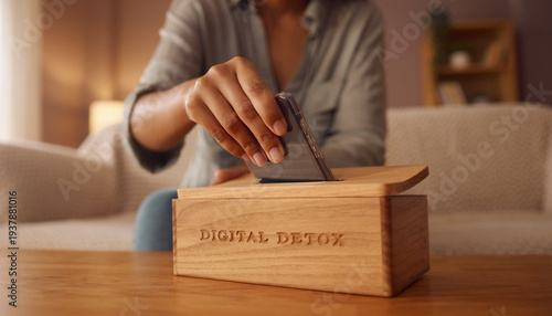 Woman placing smartphone into a wooden digital detox box at home.