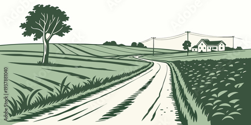 A green and white illustration of a farm with a dirt road Vector