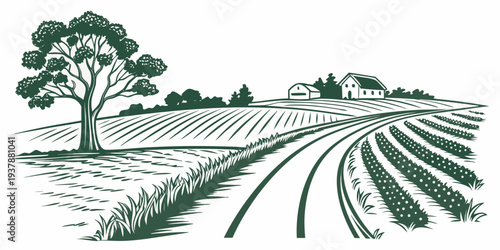 A green and white drawing of a tree in a field with rows of crops Vector