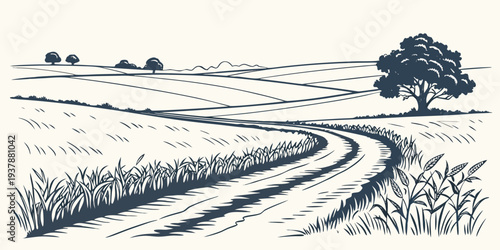 A winding road through a rural landscape with a tree Vector