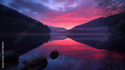 A tranquil lake reflecting vibrant pink and purple hues of a twilight sky, surrounded by hills
