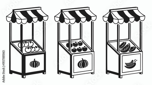 Vector illustration of Market Stalls with Fruits and Vegetables, Black and White