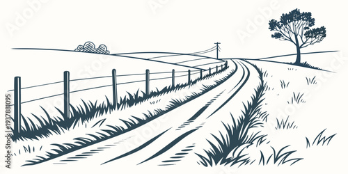 A dirt road with a fence and a tree Vector