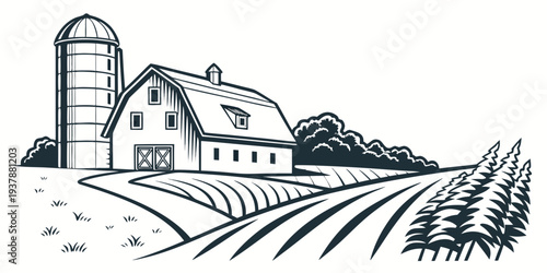 A farm with a barn and silo Vector