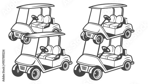 Vector illustration of Golf Carts Stacked and Side-by-Side, Black and White Line Art