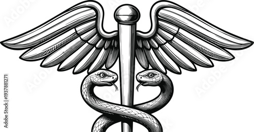 Vintage Caduceus Symbol Illustration Featuring Two Snakes Coiled Around a Winged Staff Representing Hermes Messenger of Gods and Modern Medical or Healthcare Profession Concepts