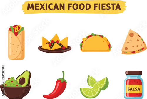 Illustration of Mexican food burrito nachos taco quesadilla guacamole pepper limes salsa jar