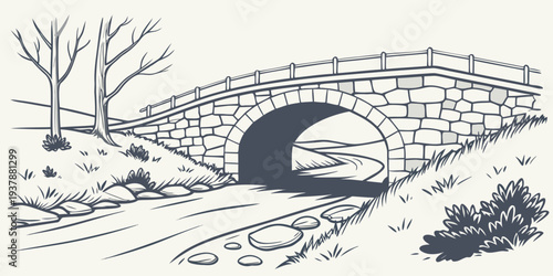 A stone bridge with an archway in a winter landscape Vector