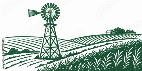 A green windmill standing in a field of crops Vector