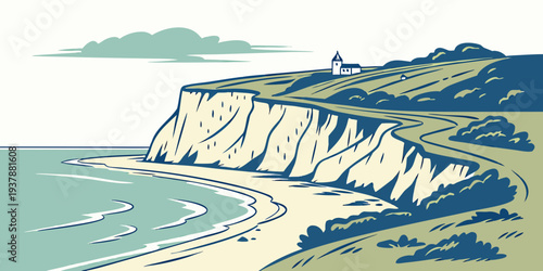 A serene beach scene with cliffs and a cloudy sky Vector