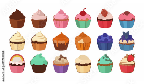 Cute cartoon cupcakes vector set with chocolate pink cream cherry and strawberry muffins collection