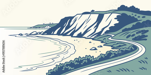 A scenic road winding along a cliffside by the sea Vector