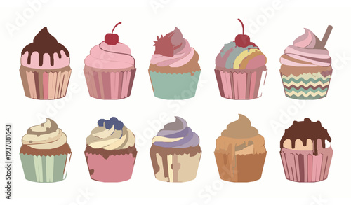 Hand drawn cartoon cupcake muffins set with chocolate pink cream strawberry and cherry toppings