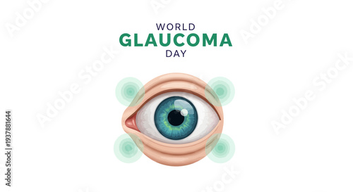 Illustration of a human eye with green spots around it and World Glaucoma Day text on a white background for eye health awareness and glaucoma prevention.