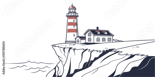 A lighthouse on a rocky cliff overlooking the ocean Vector
