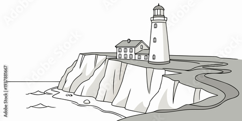 A black and white drawing of a lighthouse on a cliff Vector