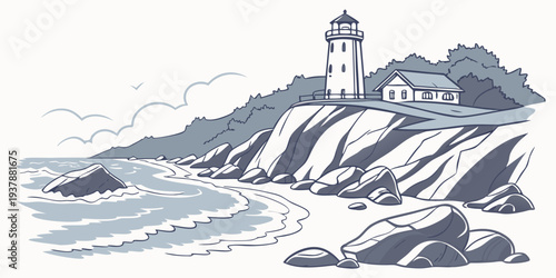 A black and white drawing of a lighthouse on a rocky cliff Vector