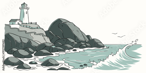 A lighthouse on a rocky coastline by the sea Vector