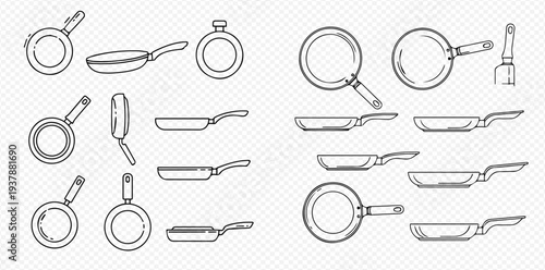 Set of hand-drawn frying pans in various angles and styles, kitchenware collection.