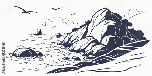 A black and white drawing of a mountain range with birds flying overhead Vector