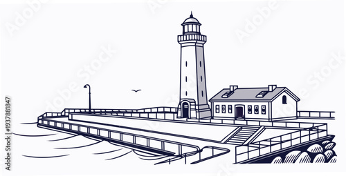 A lighthouse on a pier with a building next to it Vector