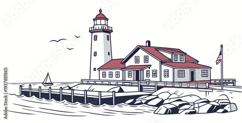 A lighthouse and a building on a pier by the sea Vector
